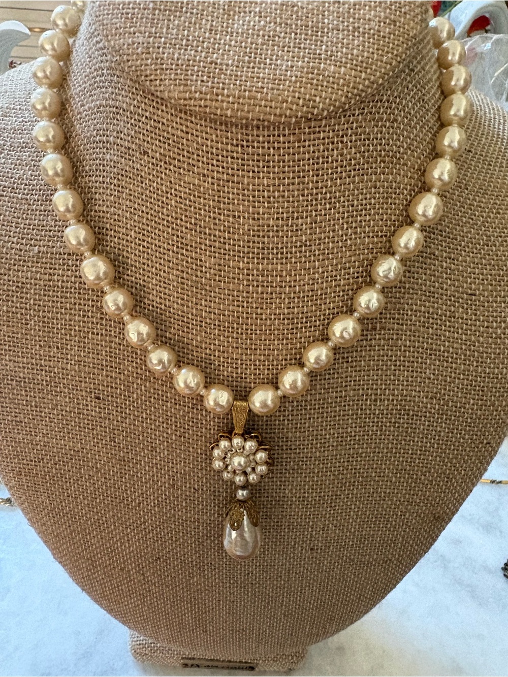 Vintage 1960’s Miriam Haskell Baroque Pearl Necklace with Double Drop Pendants